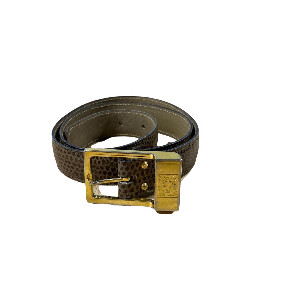 Vintage Anne Klein Leather Embossed Brown Belt Gold Lion Head Logo Size S
